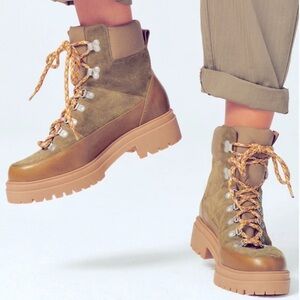 BA&SH Canyon Boots Lug Sole Lace Up Closure Leather/Suede Green/Tan SZ 7.5